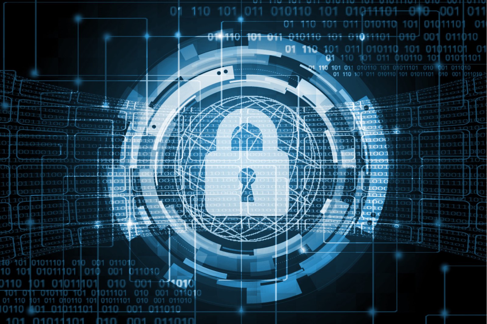 Cybersecurity concept with central padlock icon surrounded by binary code and digital circuit board design